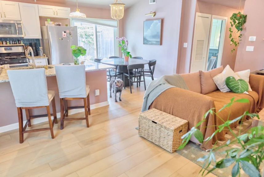 Open living room and kitchen with blush walls, a terracotta-draped sofa and light wood floors